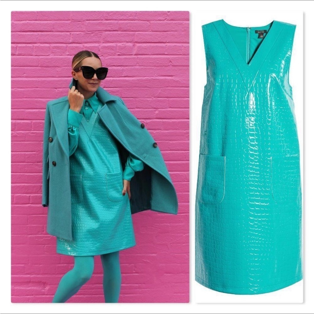 NWT Halogen x Atlantic-Pacific Croc Embossed Faux Leather Shift Dress Teal S